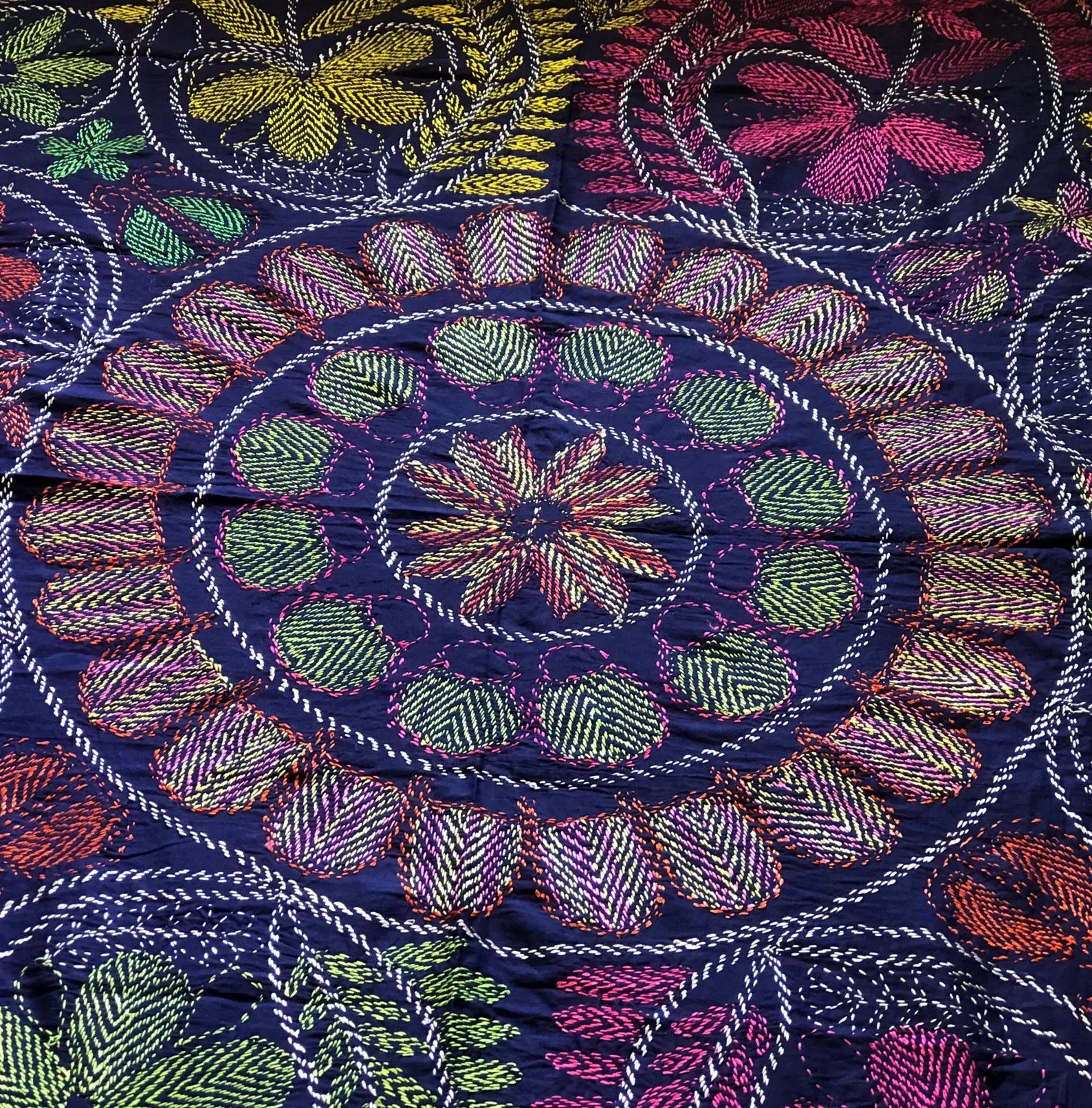 Hand-Embroidered Blue Nakshi Katha Bedspread – Traditional Bangladeshi Cotton Quilt